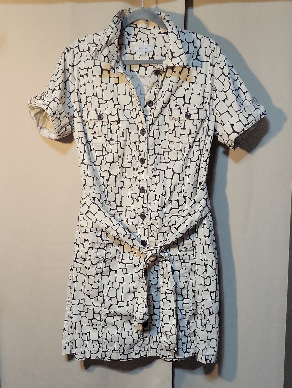 Merona Dark Brown & Beige Short Sleeve Belted Shirt Dress